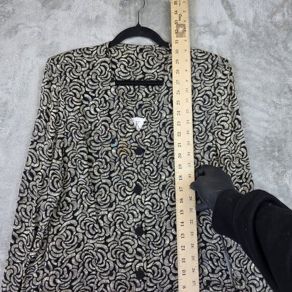 Vintage A.K.F. Blazer Jacket Womens 10 Black Floral Button Front Longline USA - Picture 6 of 10